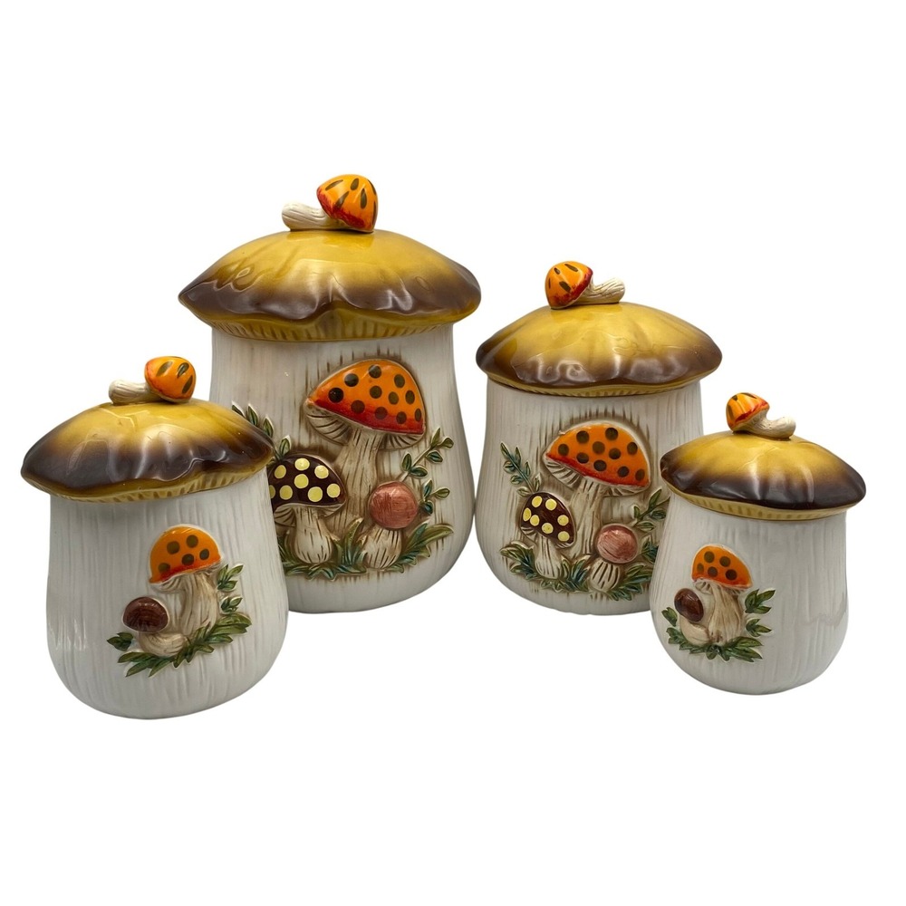 Vintage Sears Roebuck Merry Mushroom Ceramic Canister Set 4 Piece 1978 Retro